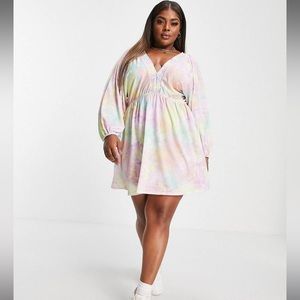 NWOT ASOS long sleeve mini dress in pastel tie dye print. Size 14